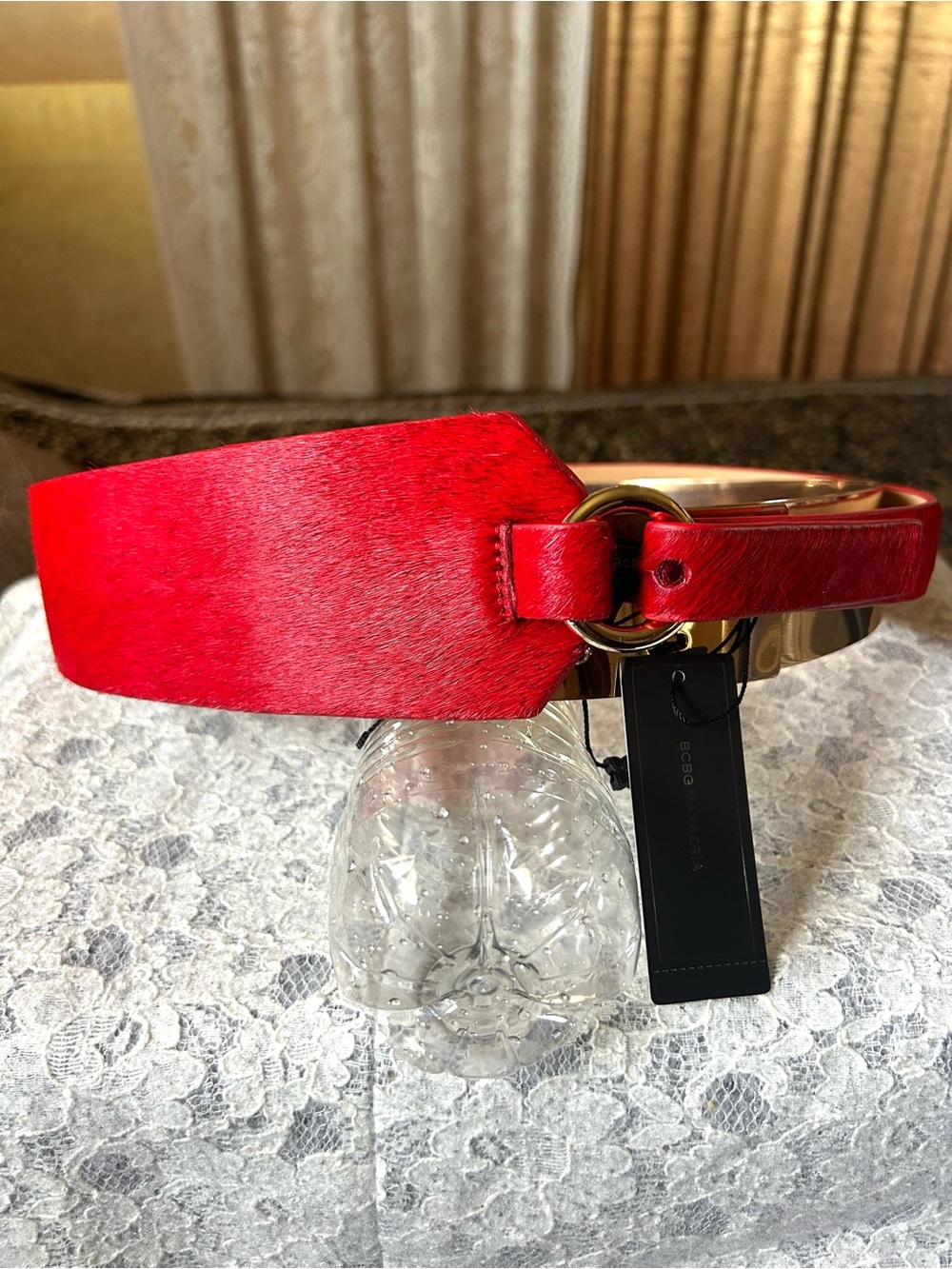 New* BCBGMAXAZRIA HAIRCALF BELT JEWEL RED COLOR SIZE M $98